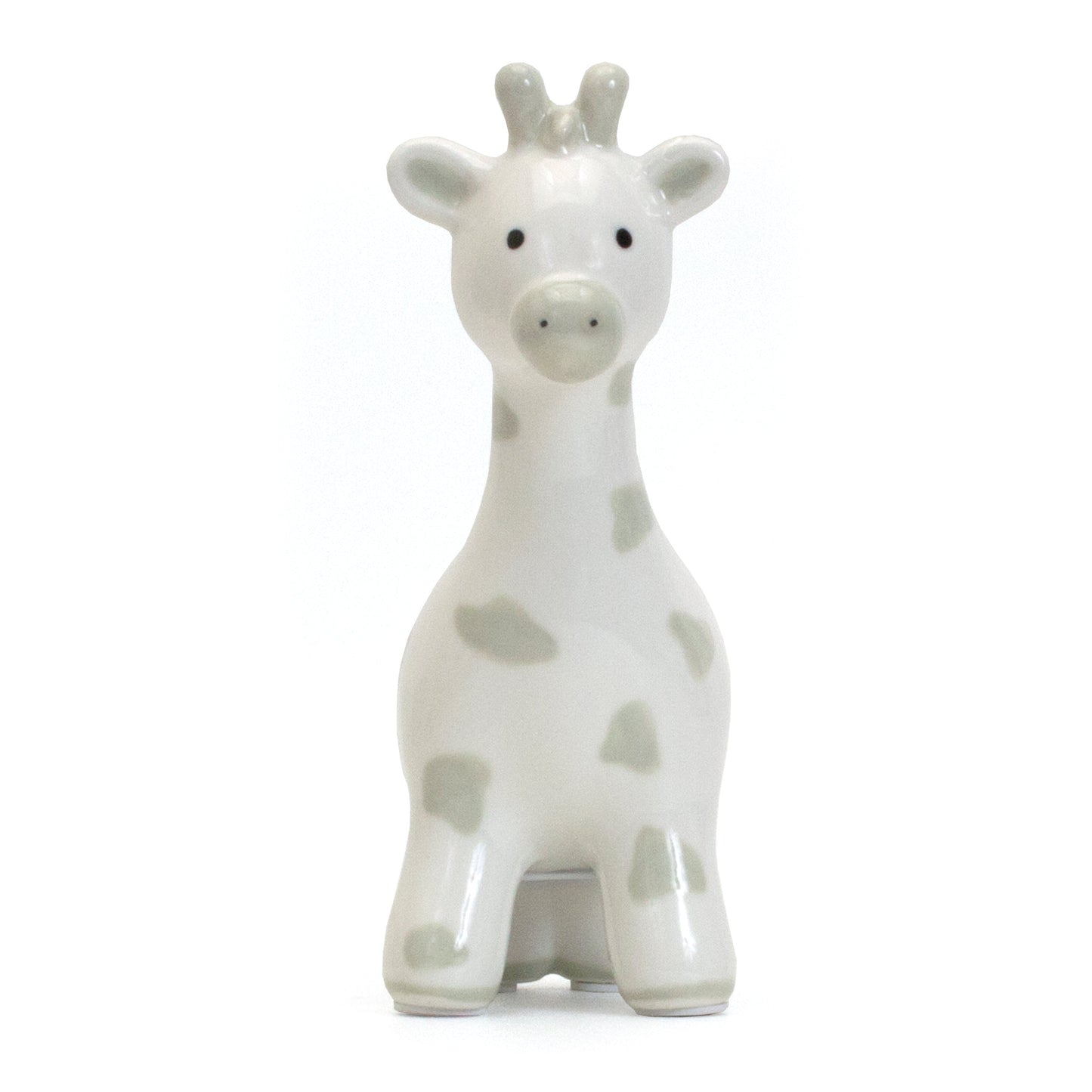 Front view of gray spotted giraffe ceramic money bank