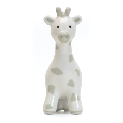 Front view of gray spotted giraffe ceramic money bank