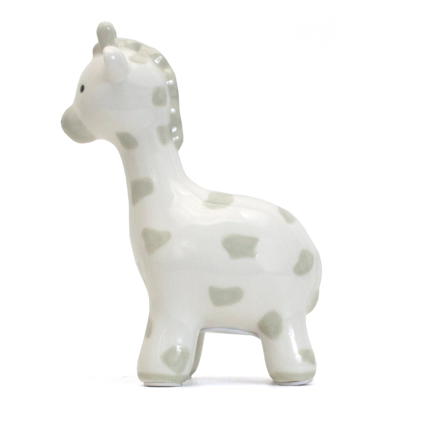 Right side view of gray spotted giraffe piggy bank