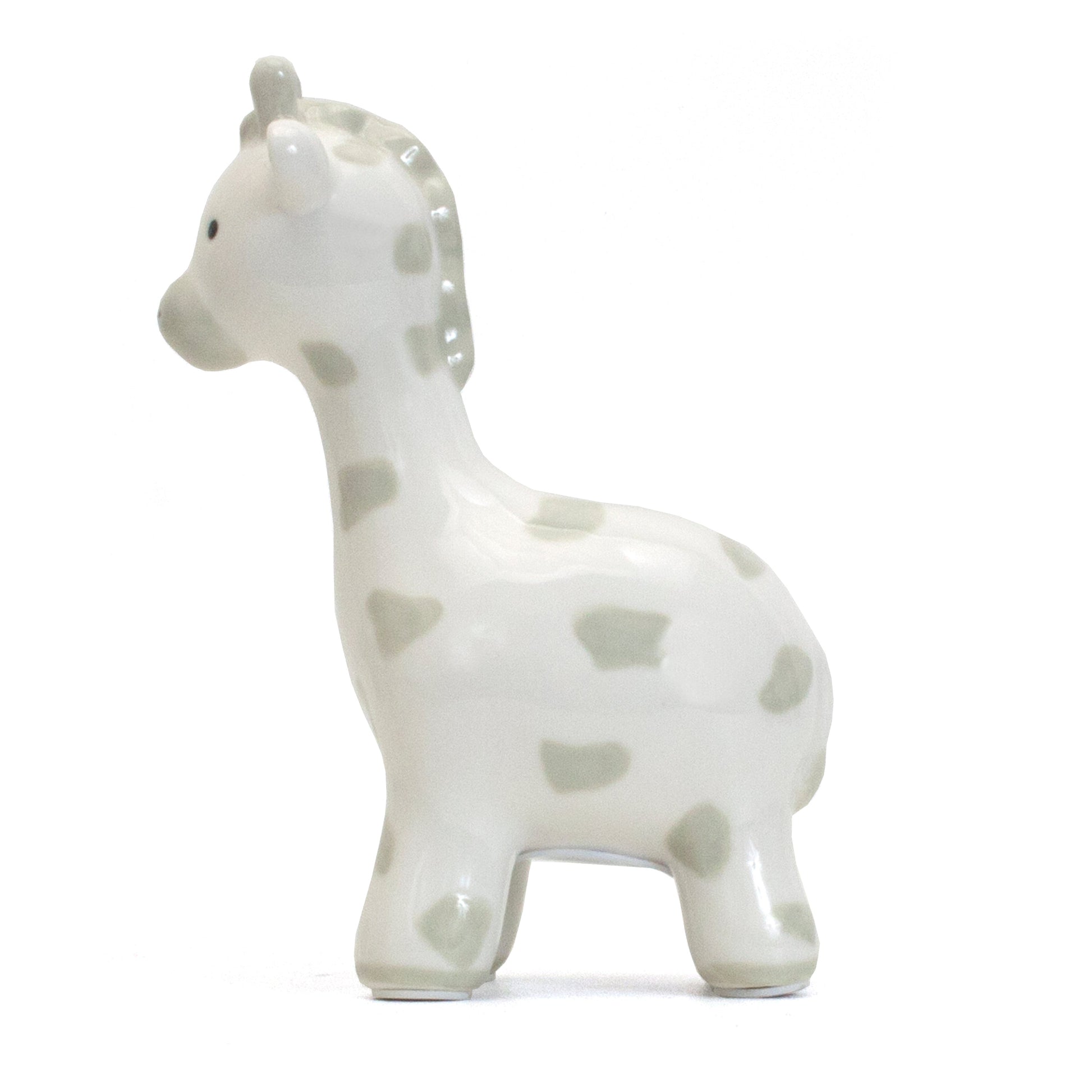 Right side view of gray spotted giraffe piggy bank