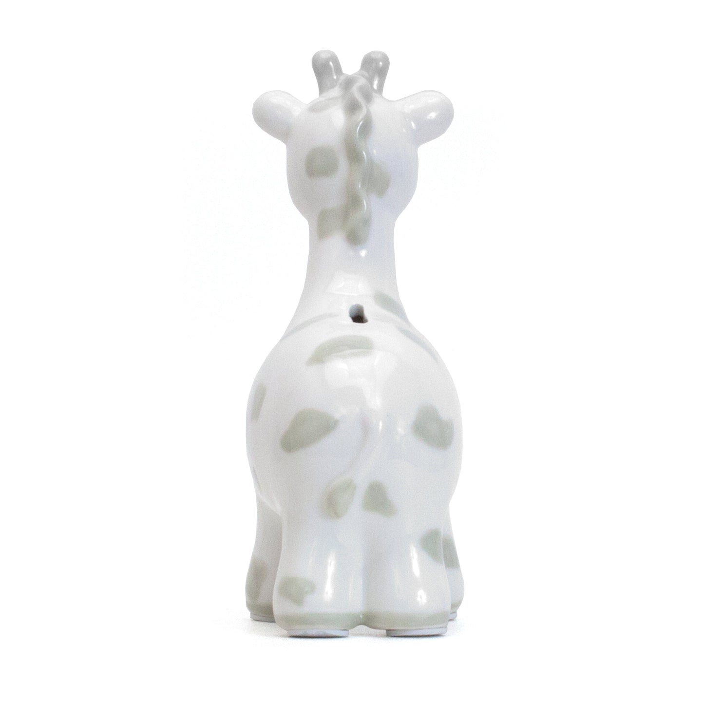 Rear view showing coin slot on a gray spotted giraffe piggy bank