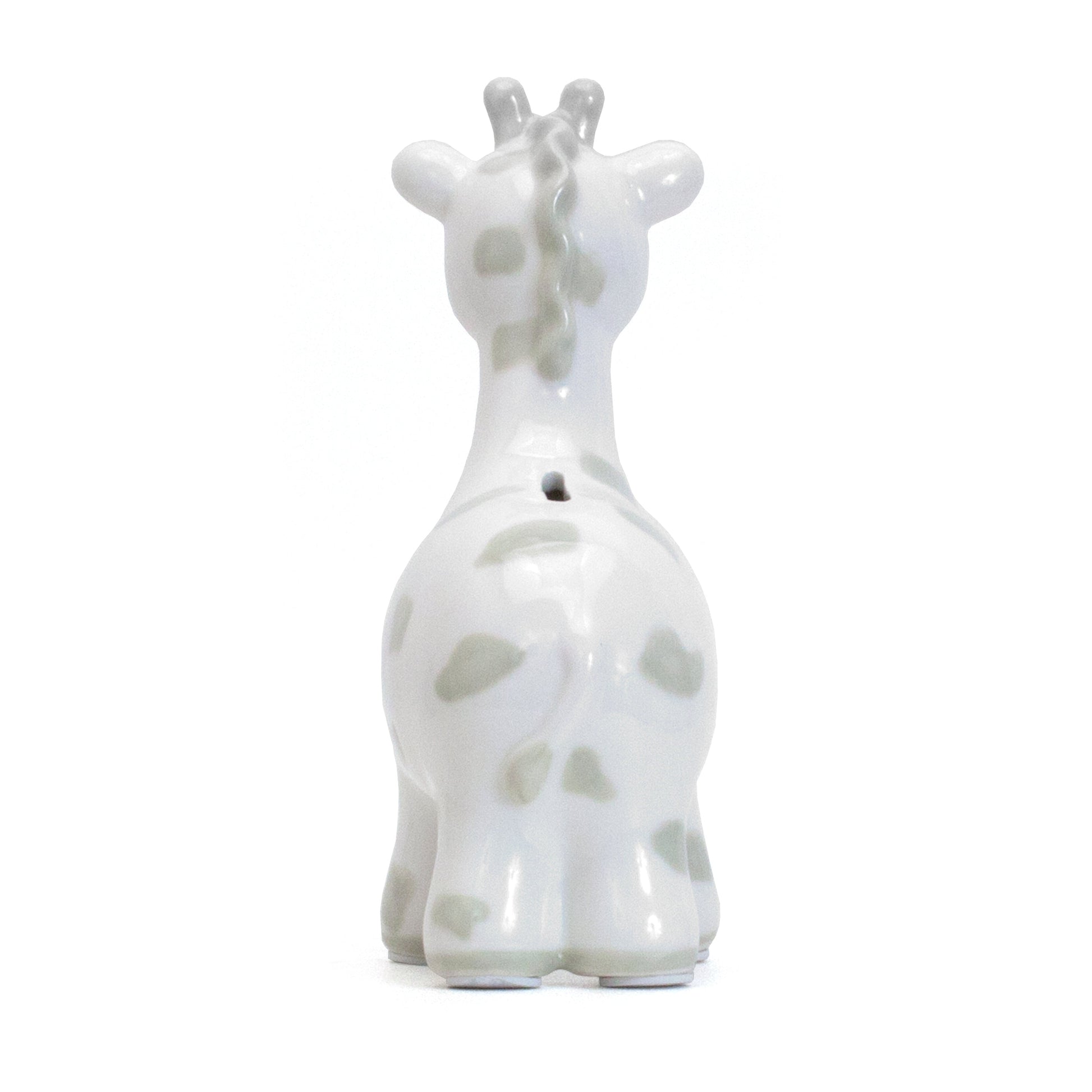 Rear view showing coin slot on a gray spotted giraffe piggy bank