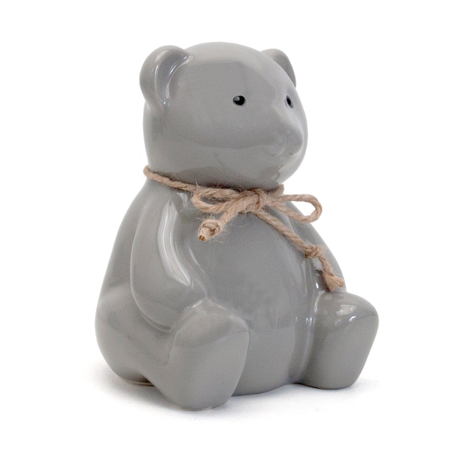 gray ceramic teddy bear bank with natural twine bow