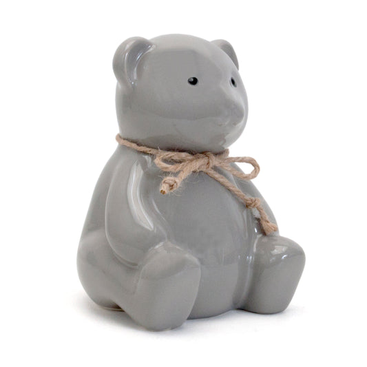 gray ceramic teddy bear bank with natural twine bow