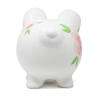 Gypsy Rose Piggy Bank left side with bright pink and red roses handpainted
