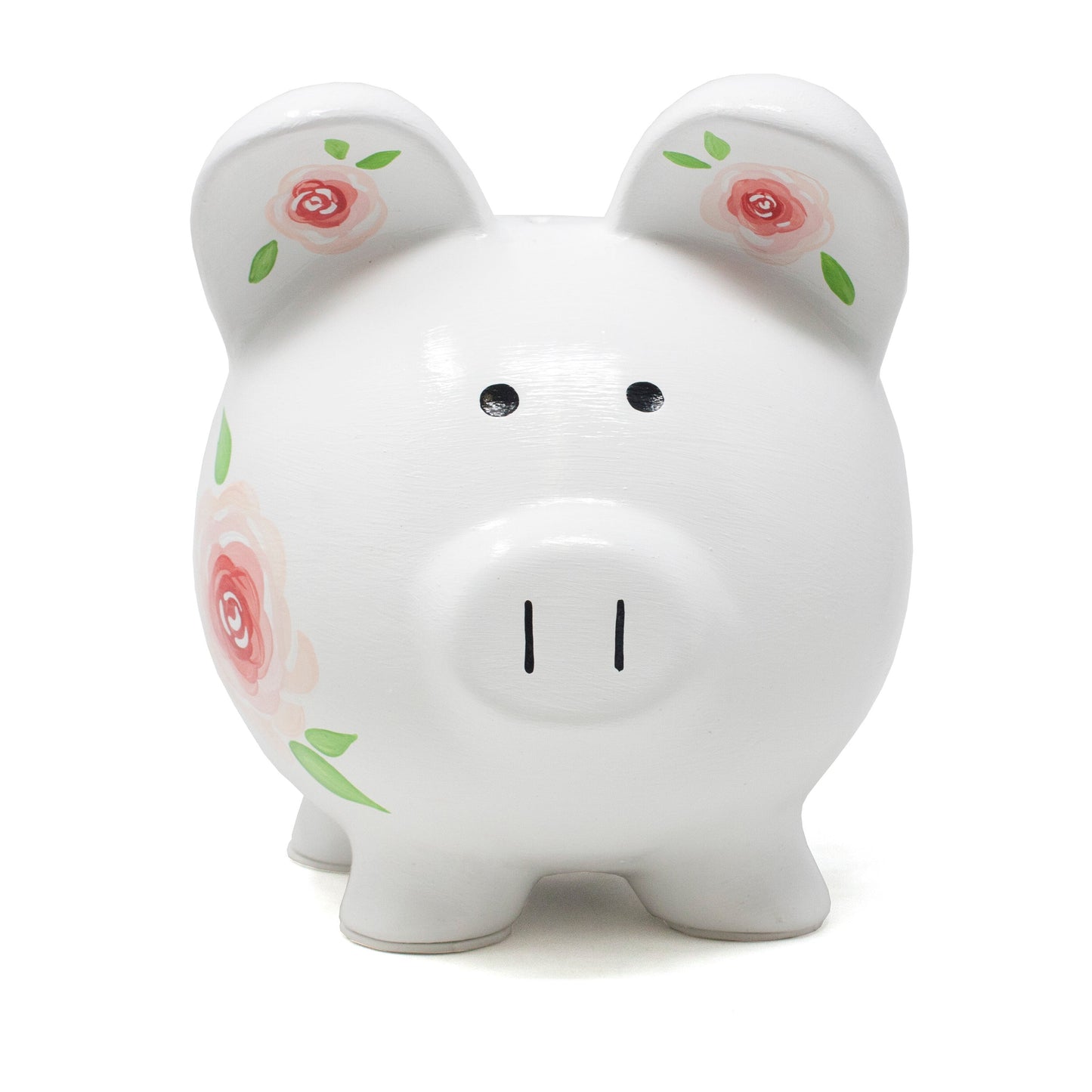 Gypsy Rose Piggy Bank front close-up emphasizing nose and eye details with flowers