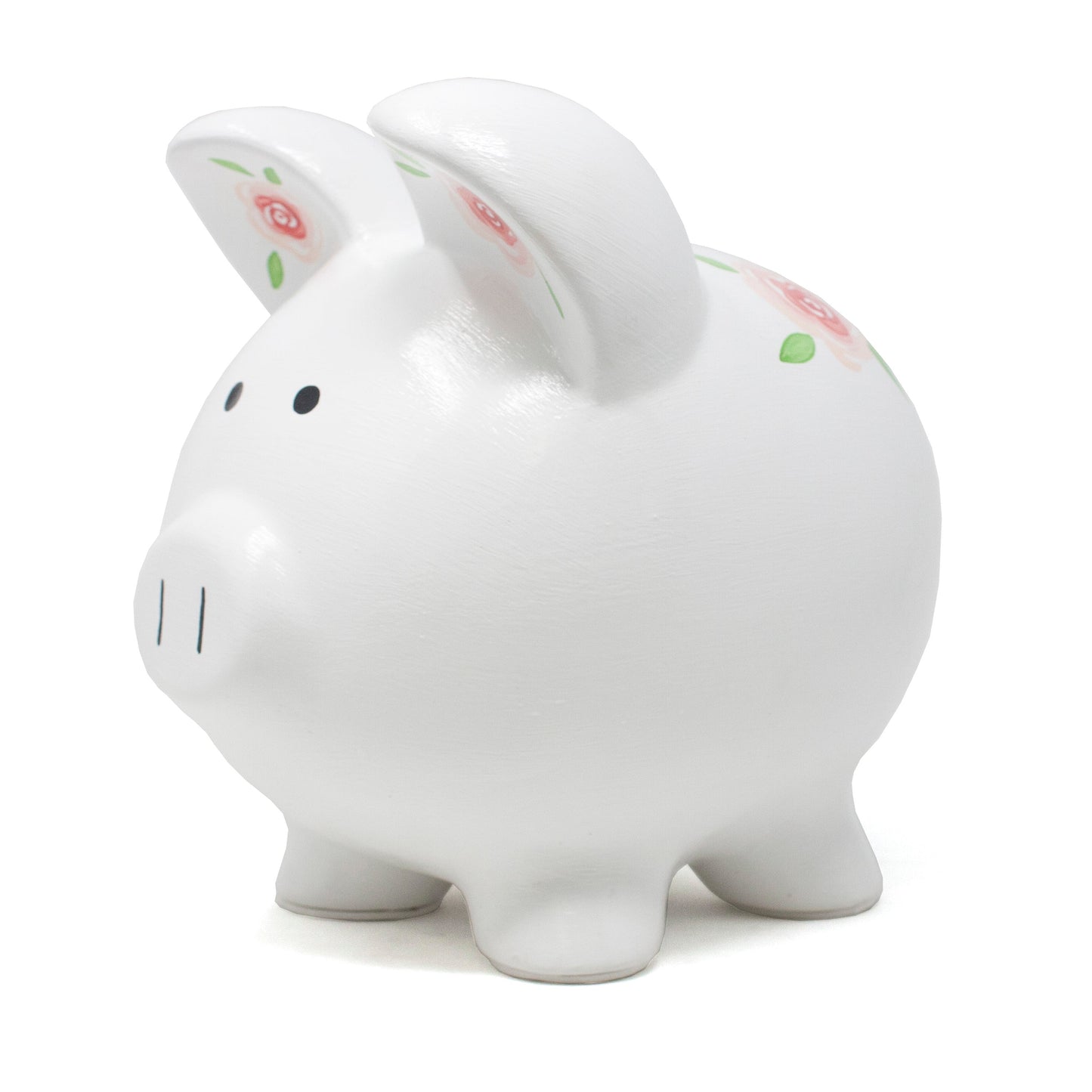 Gypsy Rose Piggy Bank front view displaying face and floral artwork on ears