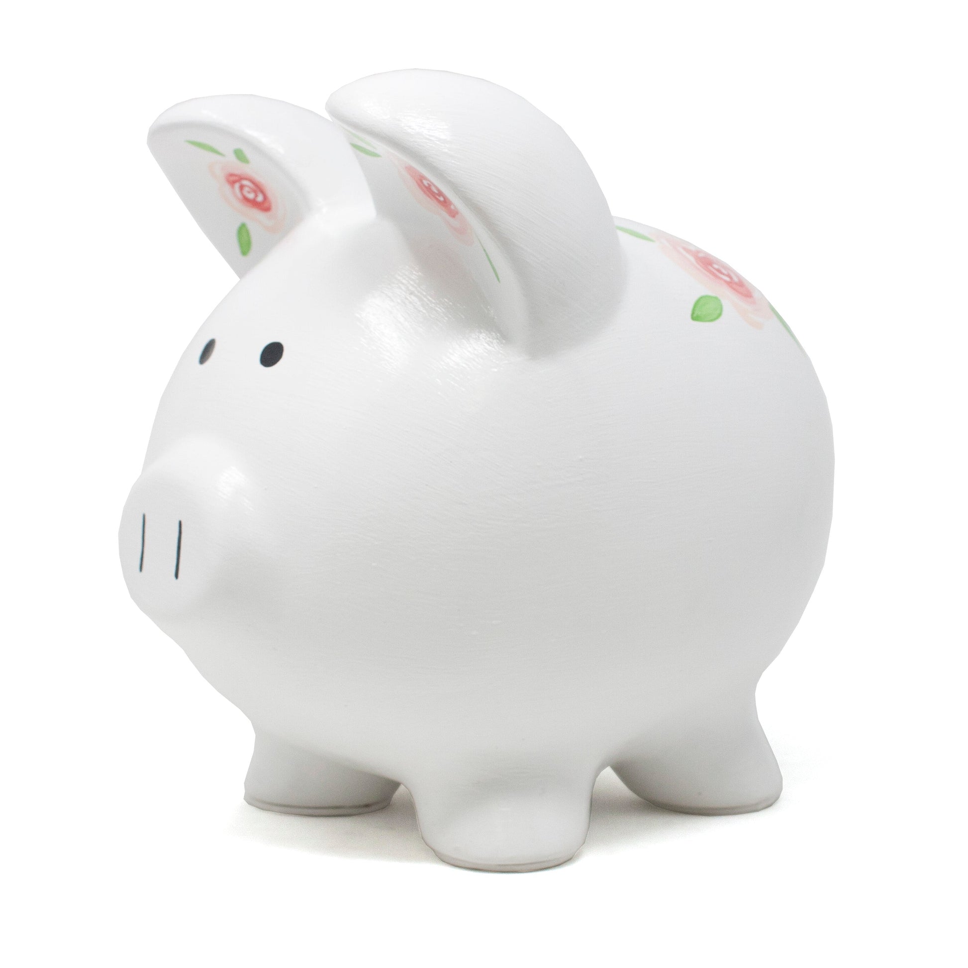 Gypsy Rose Piggy Bank front view displaying face and floral artwork on ears