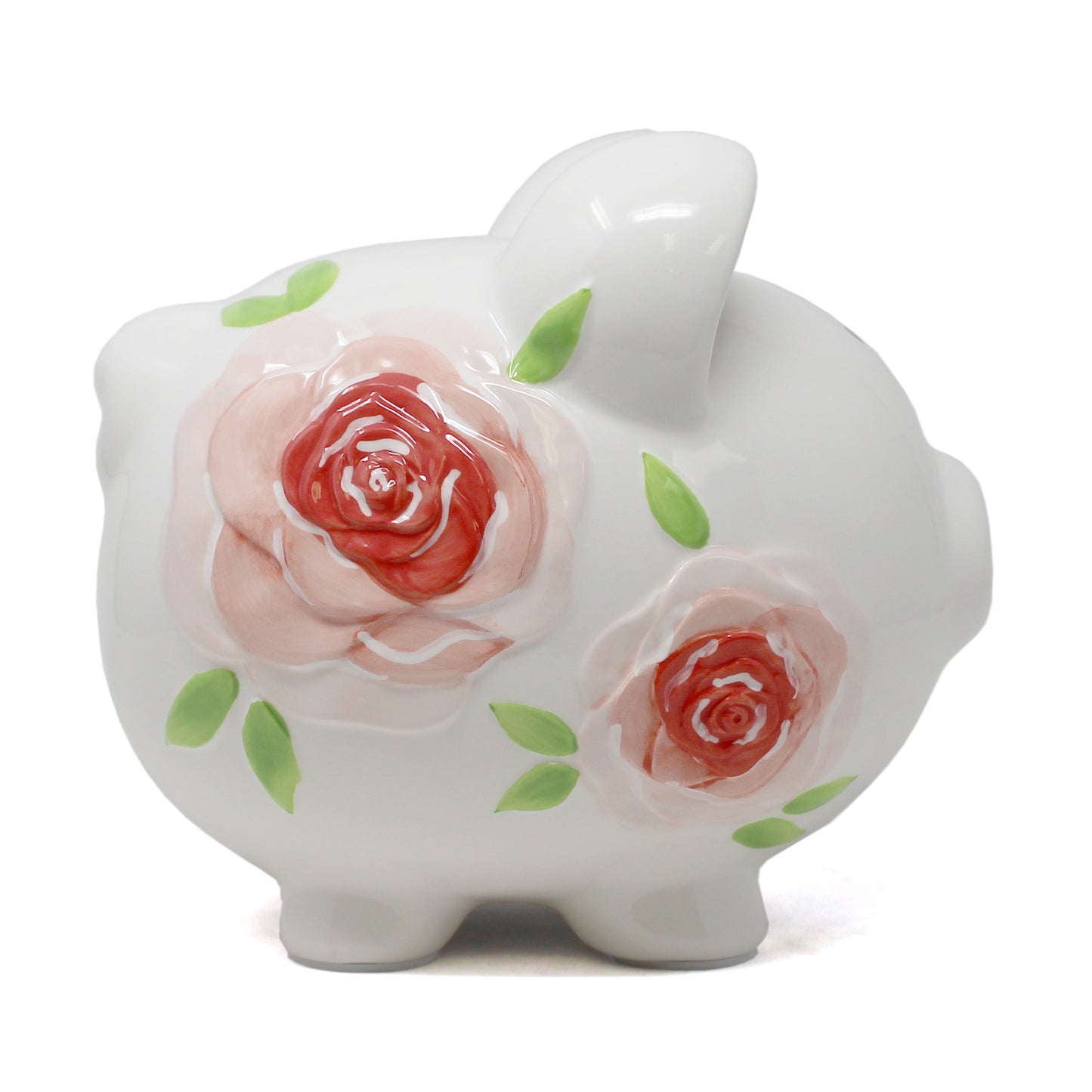 Gypsy Rose Piggy Bank angled front showing glossy finish and floral patterns