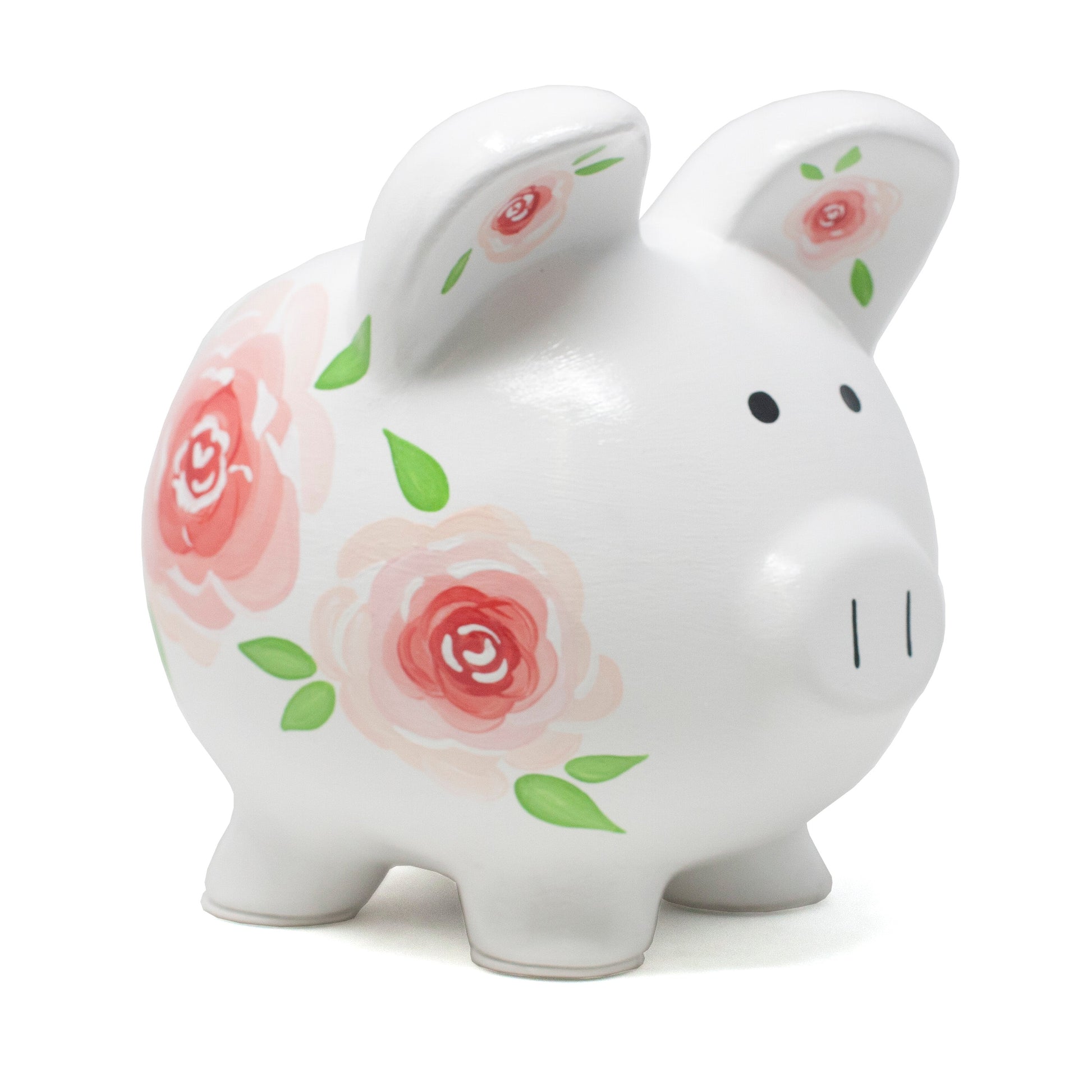 Gypsy Rose Piggy Bank side view with handpainted pink roses and green leaves