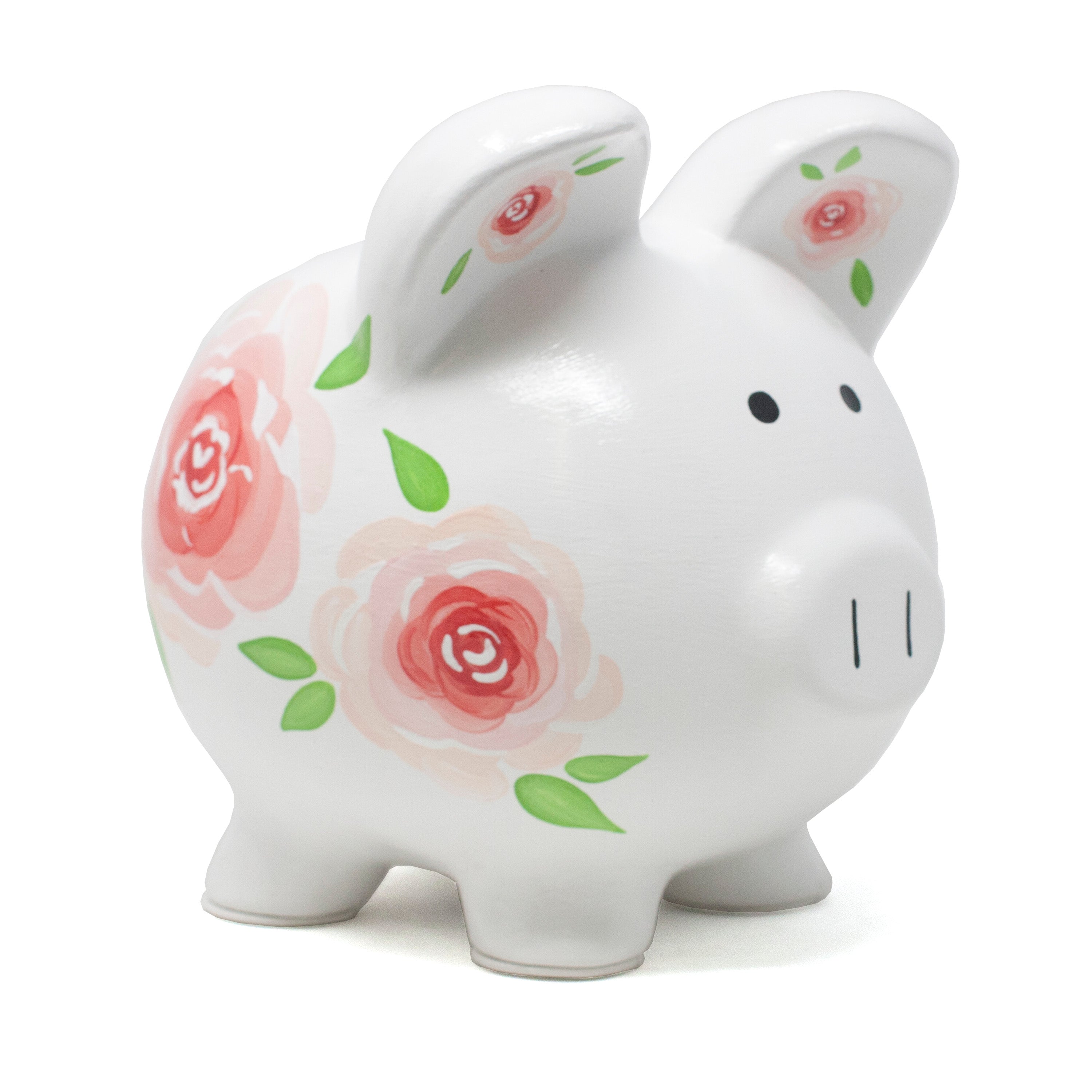 Gypsy Rose Piggy Bank side view with handpainted pink roses and green leaves
