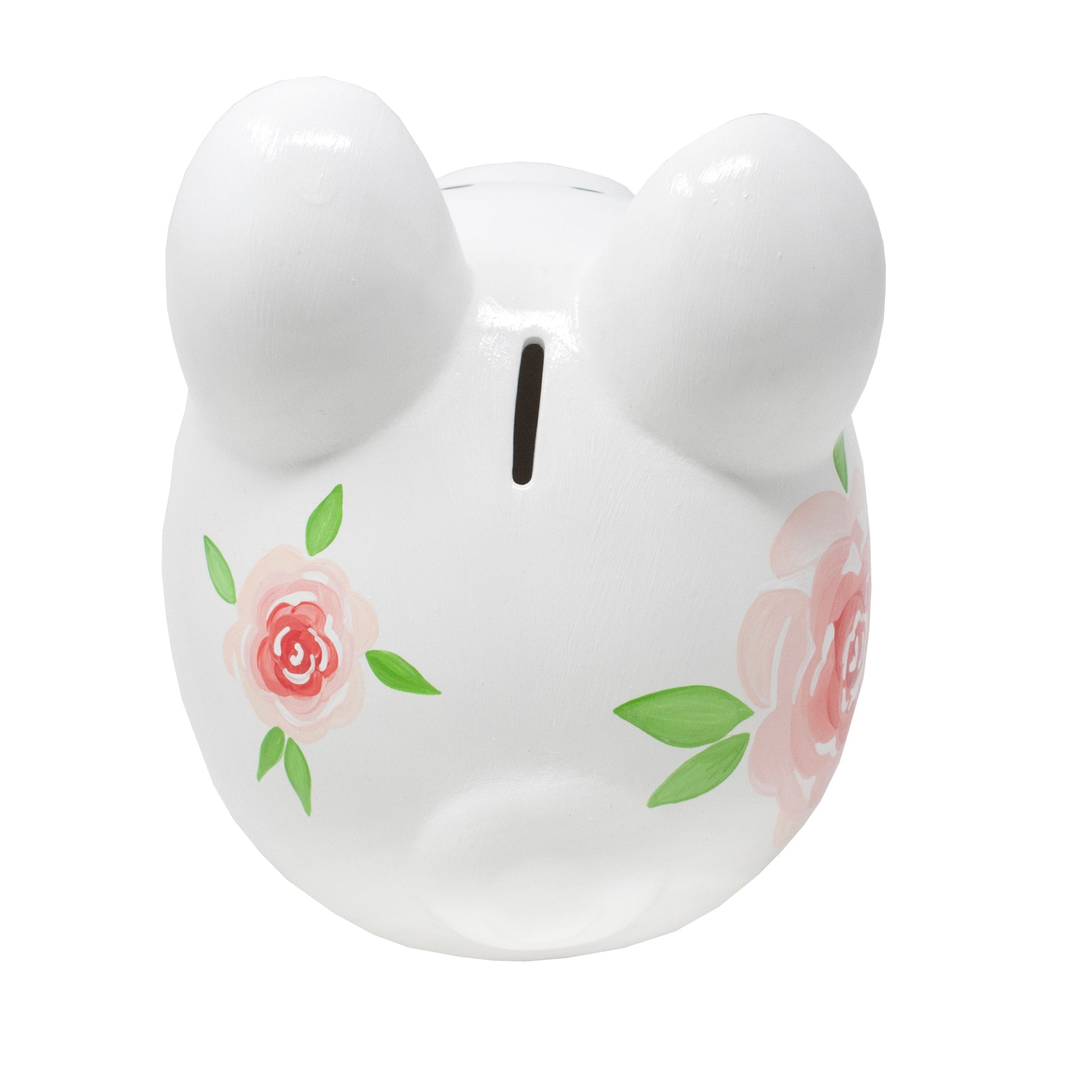 Gypsy Rose Piggy Bank rear angle showing floral design and white ceramic finish