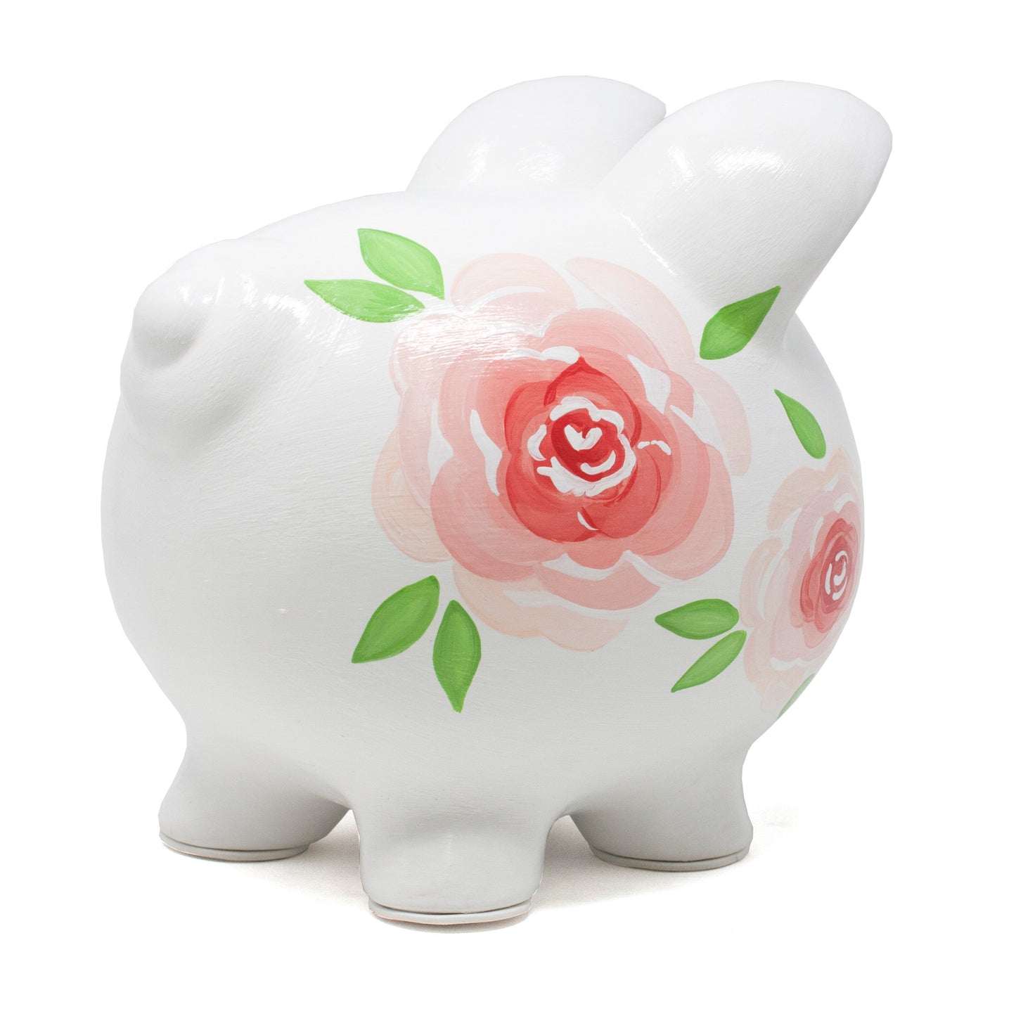 Gypsy Rose Piggy Bank front side view with simple black eyes and painted roses