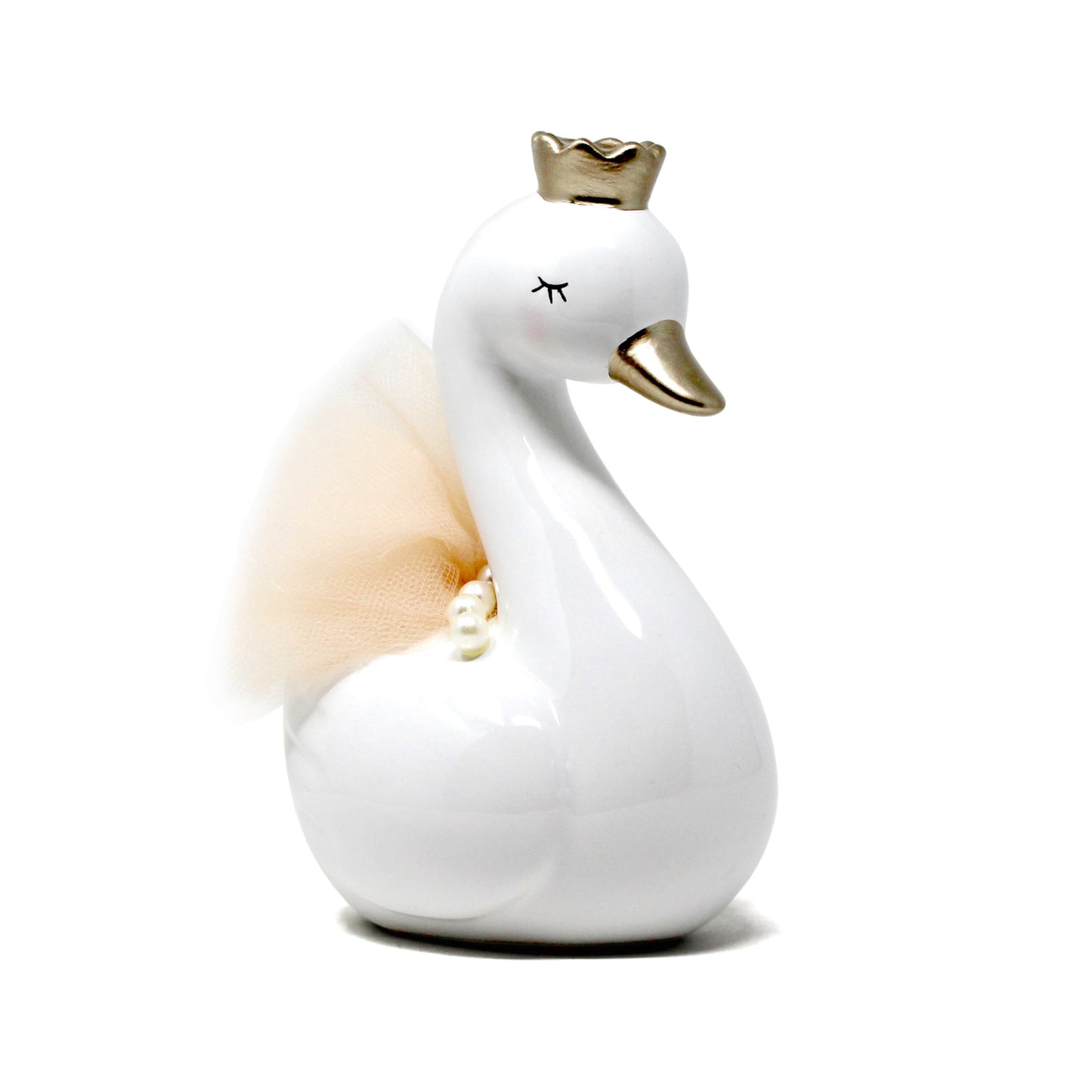 White ceramic swan piggy bank with gold crown and beak, beige tulle tail, and pearl accents