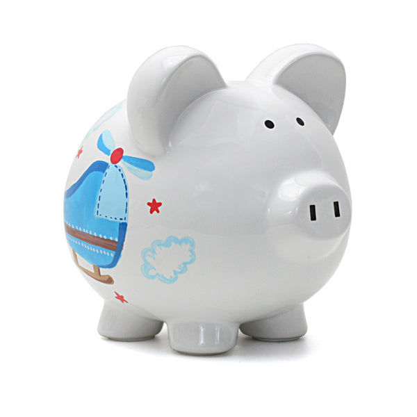 White ceramic piggy bank with handpainted blue helicopter and clouds on side