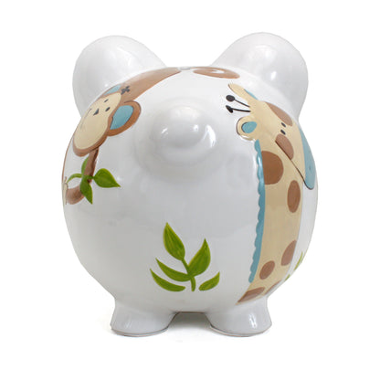 Front view of white ceramic piggy bank with handpainted giraffe and monkey