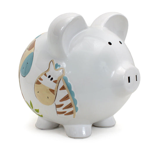White ceramic piggy bank with jungle animal handpainted designs side view