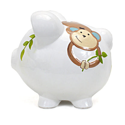 Side view showing handpainted giraffe and zebra on ceramic piggy bank