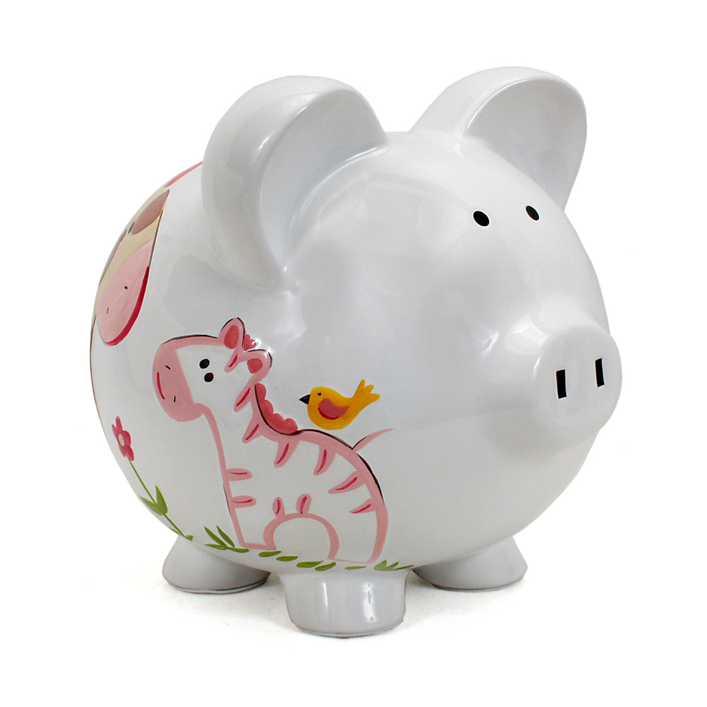 Side view of Jungle Jill piggy bank showing handpainted zebra and bird on white ceramic