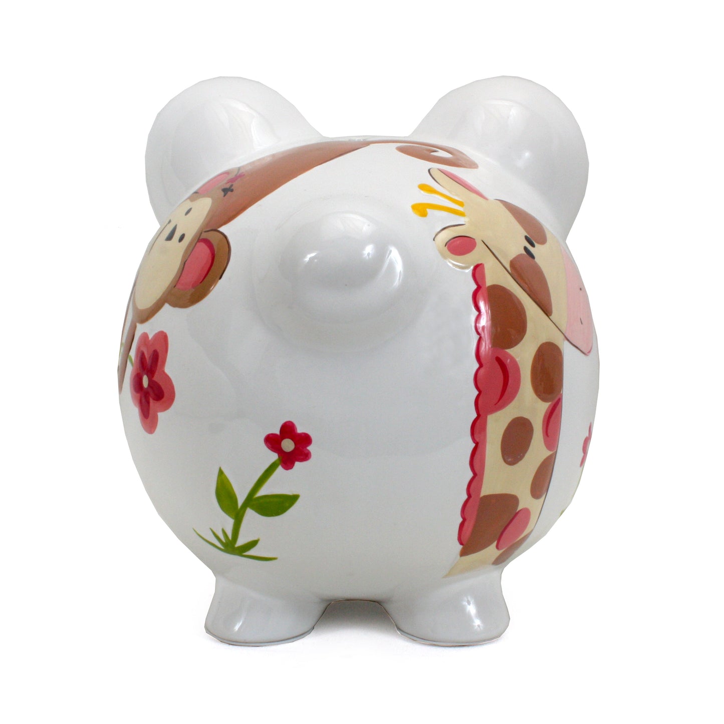 Back view of Jungle Jill piggy bank featuring handpainted monkey, giraffe, and flowers