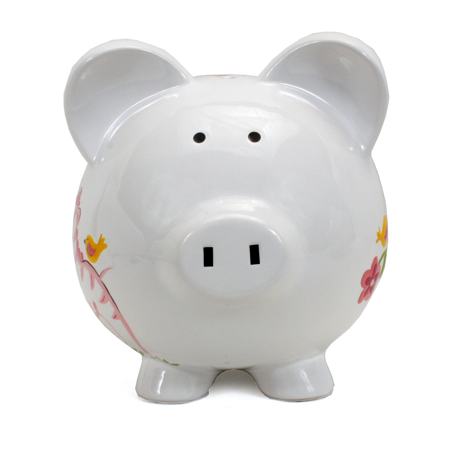 Front view of Jungle Jill piggy bank highlighting coin slot on white ceramic pig design