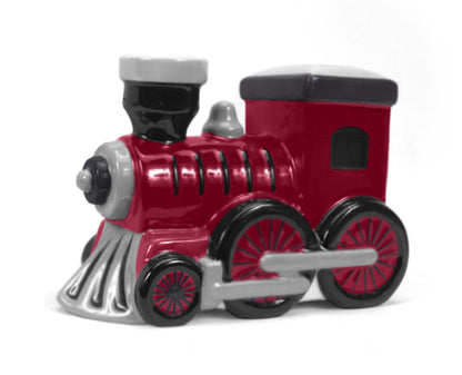 Right side view of large red ceramic train piggy bank with black accents