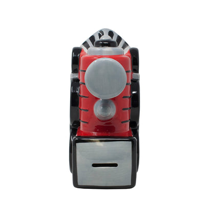 Top view showing coin slot on rear cab of red train money bank