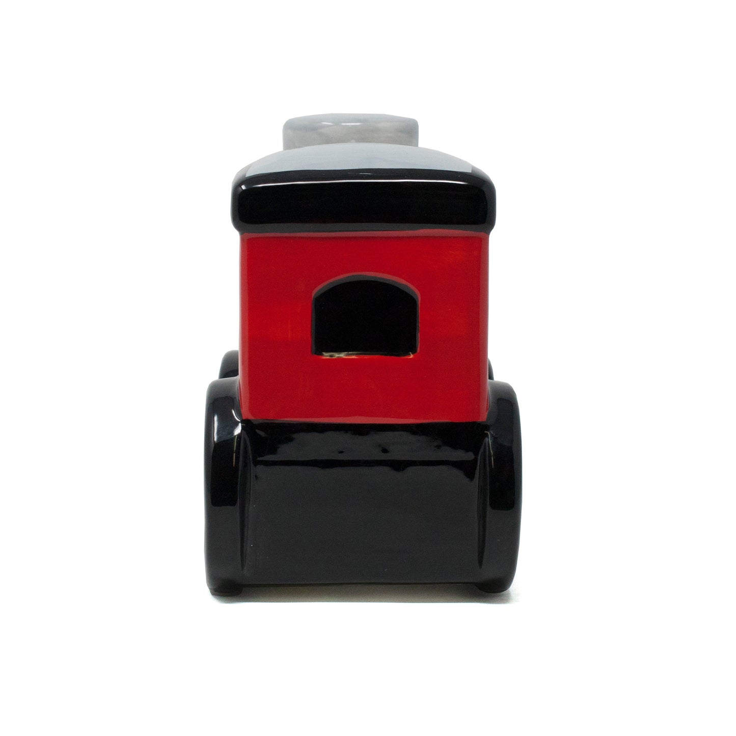 Back view of red ceramic train money bank showing rear window and base