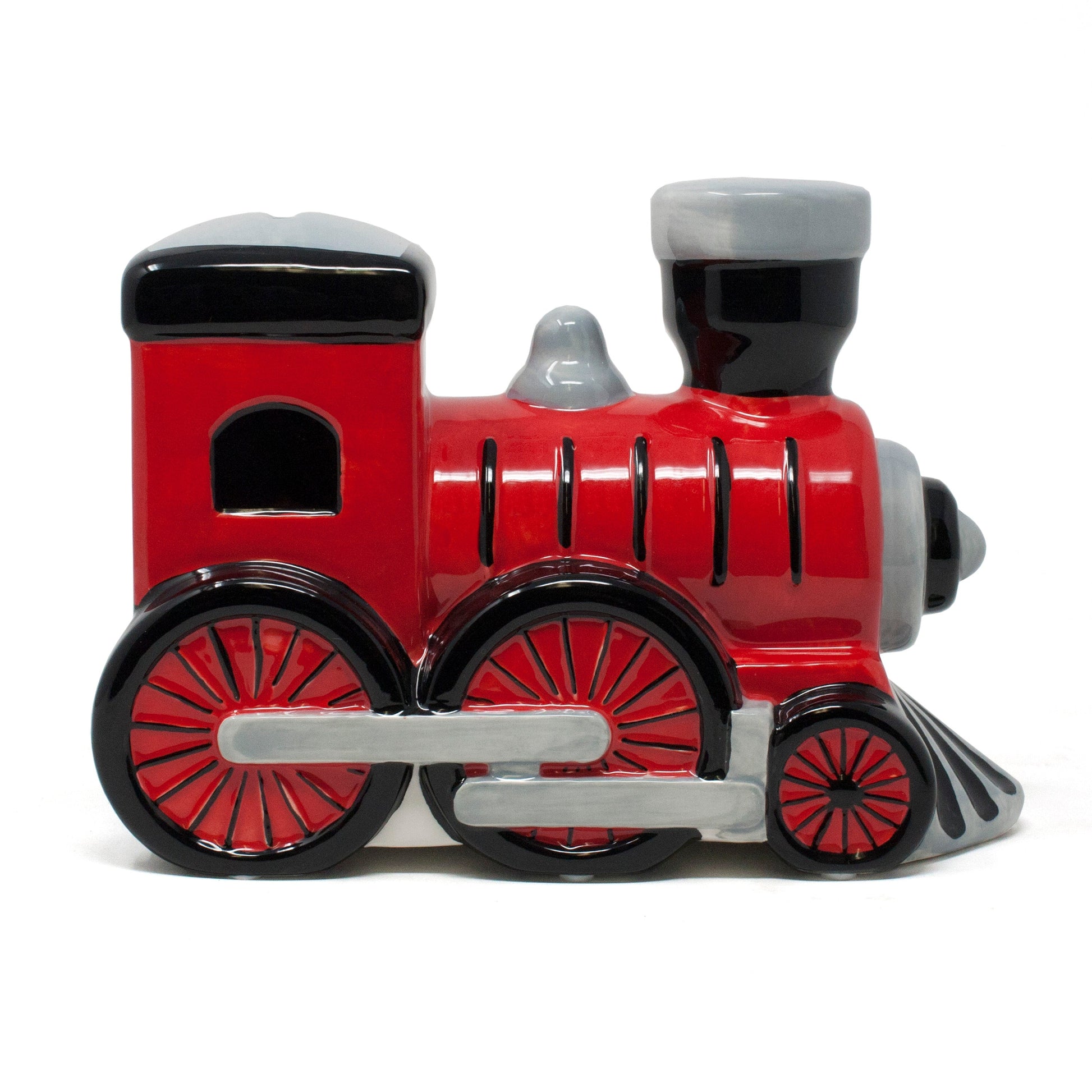 Left side profile of red and black locomotive ceramic piggy bank