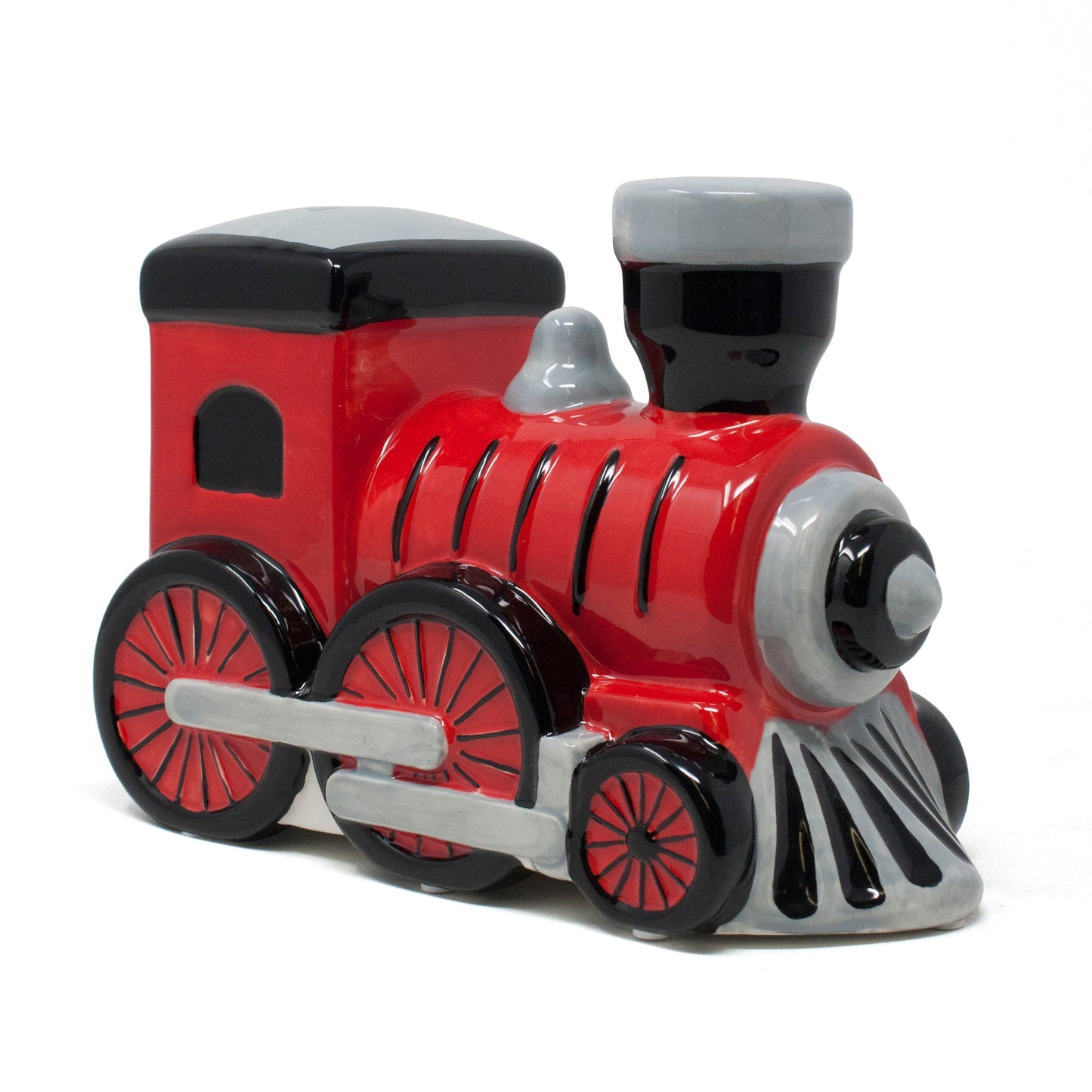 Large ceramic red train money bank angled left showing side and front wheels
