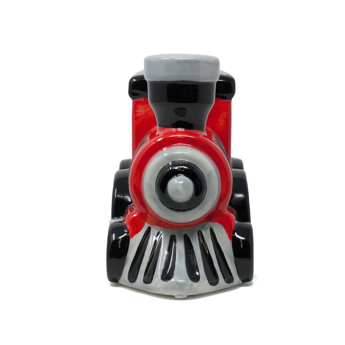 Front view of glossy red train bank with chimney and cowcatcher details