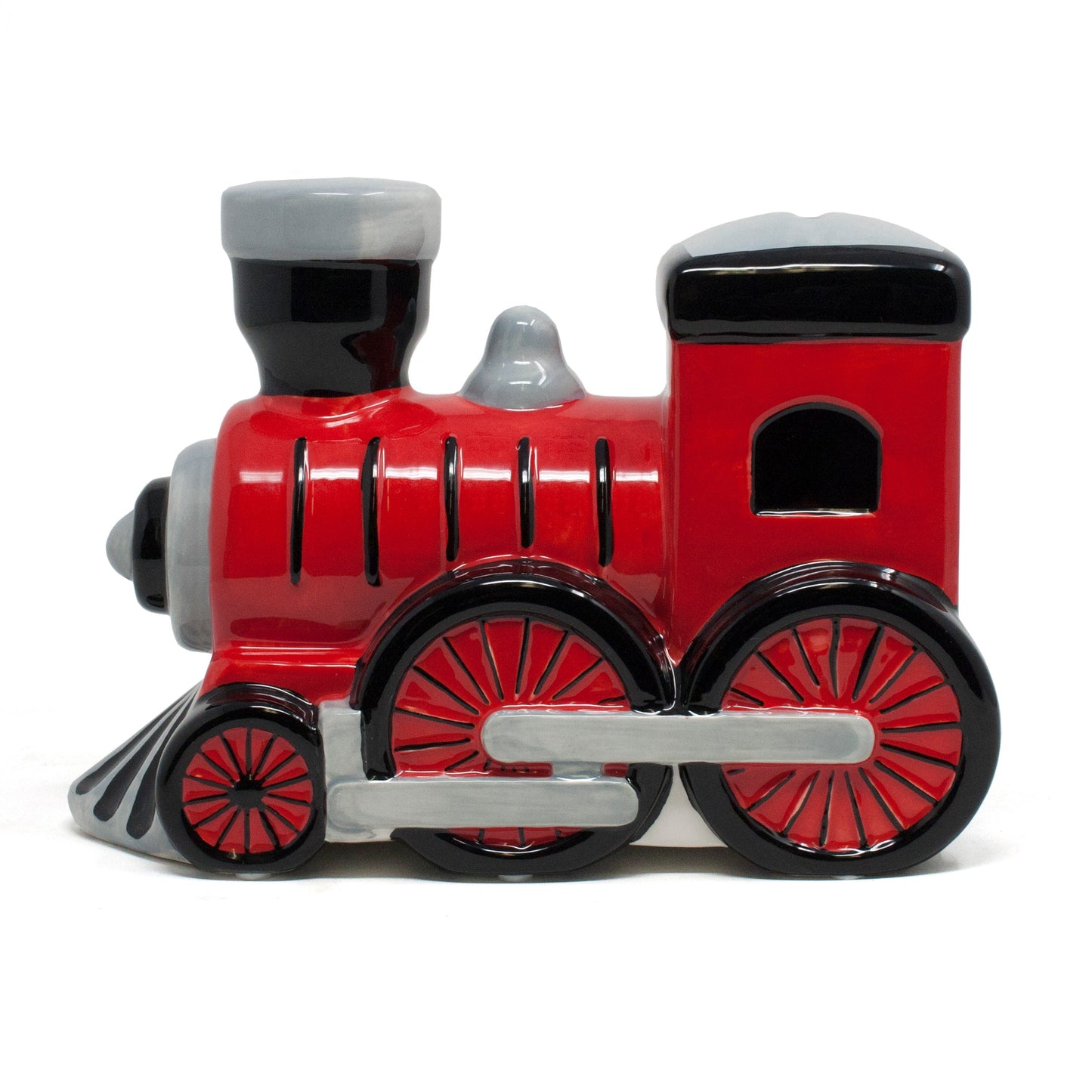 Side view of red and black ceramic train-shaped money bank
