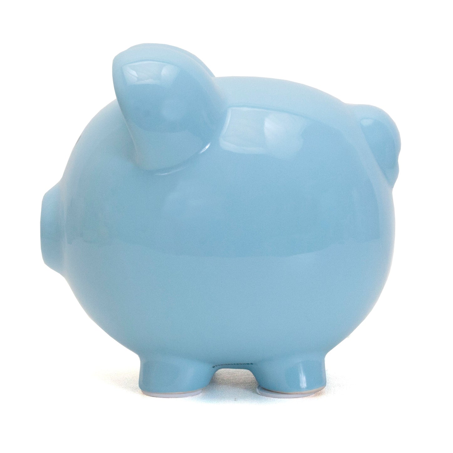 Other side view of large blue ceramic piggy bank with solid light blue color