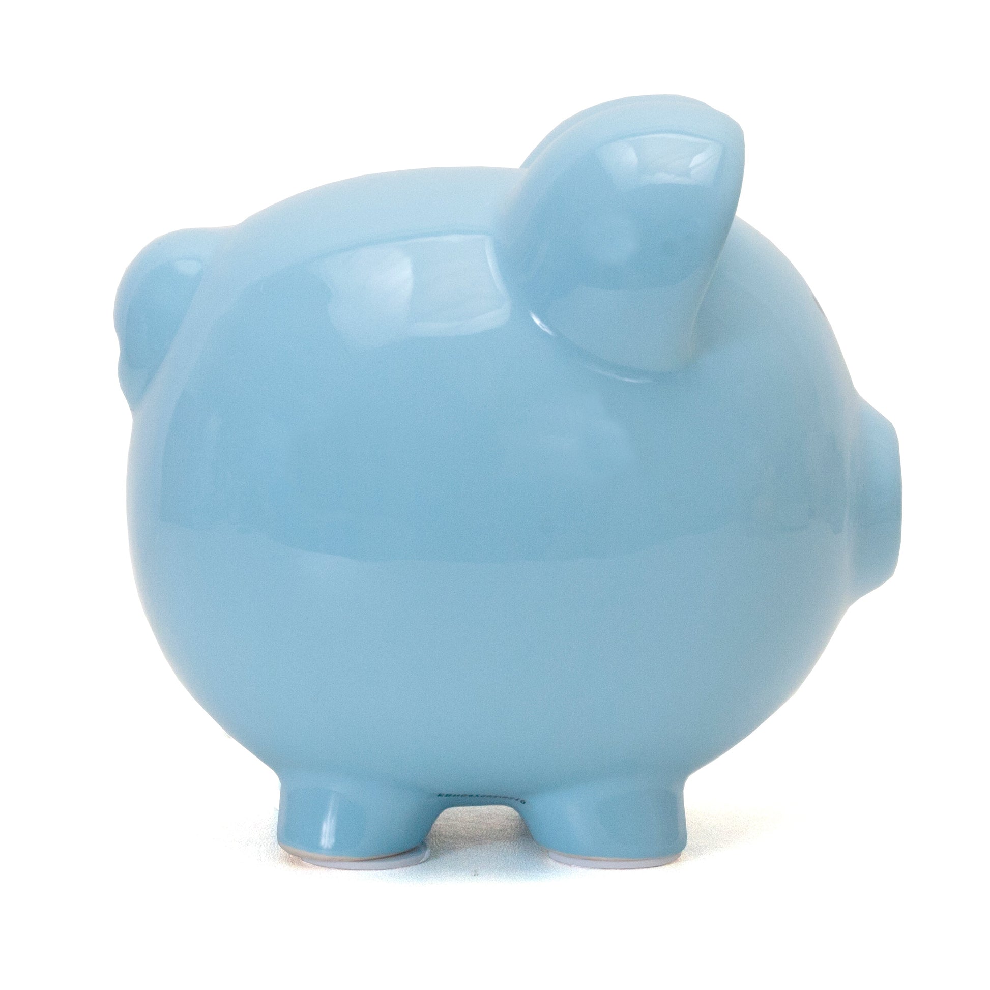 Side view of large blue ceramic piggy bank showing rounded body and ear details