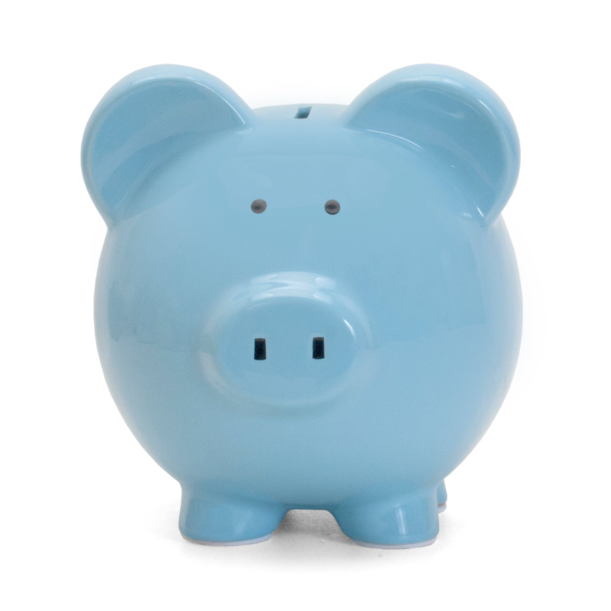 Front view of large blue ceramic piggy bank highlighting coin slot on snout