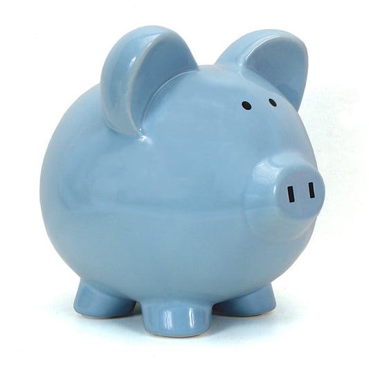 Large blue ceramic piggy bank angled front view with coin slot and four legs