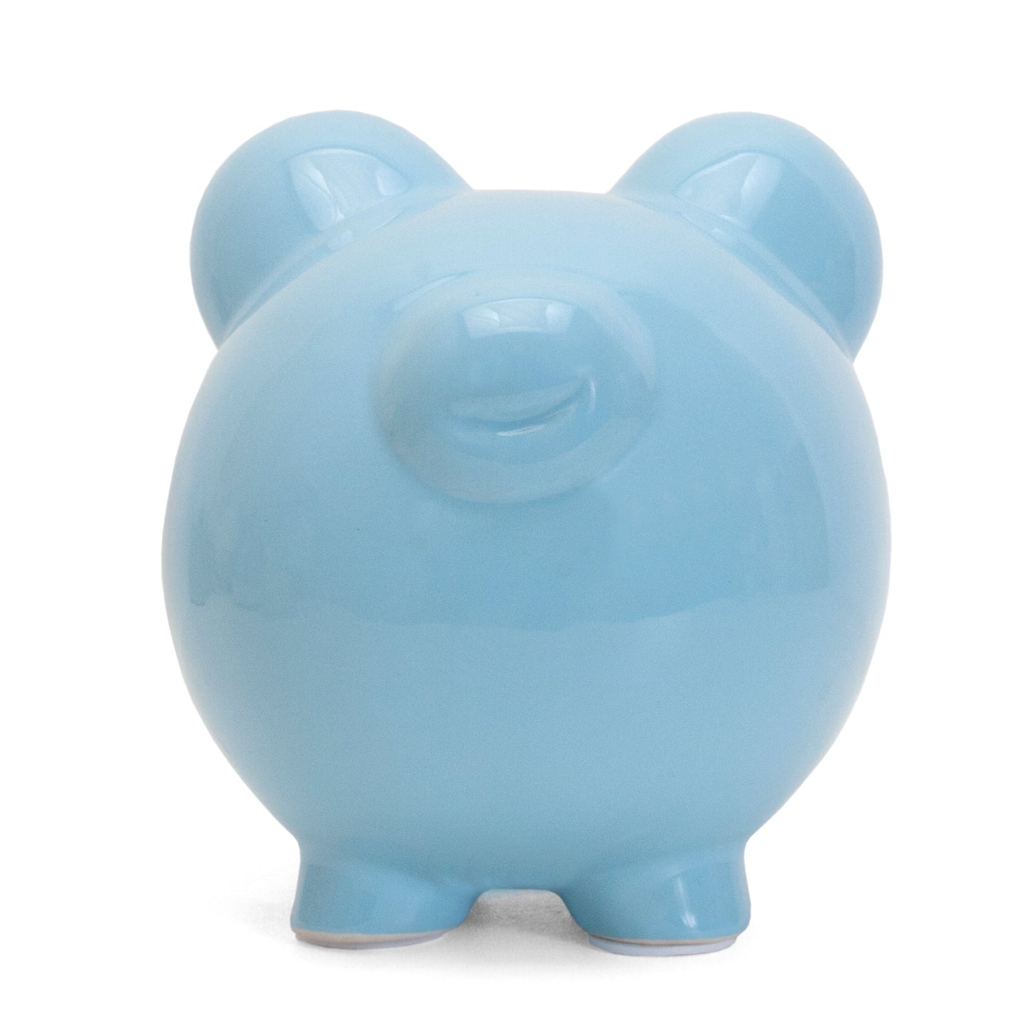 Back view of large blue ceramic piggy bank showing smooth glossy surface and ears