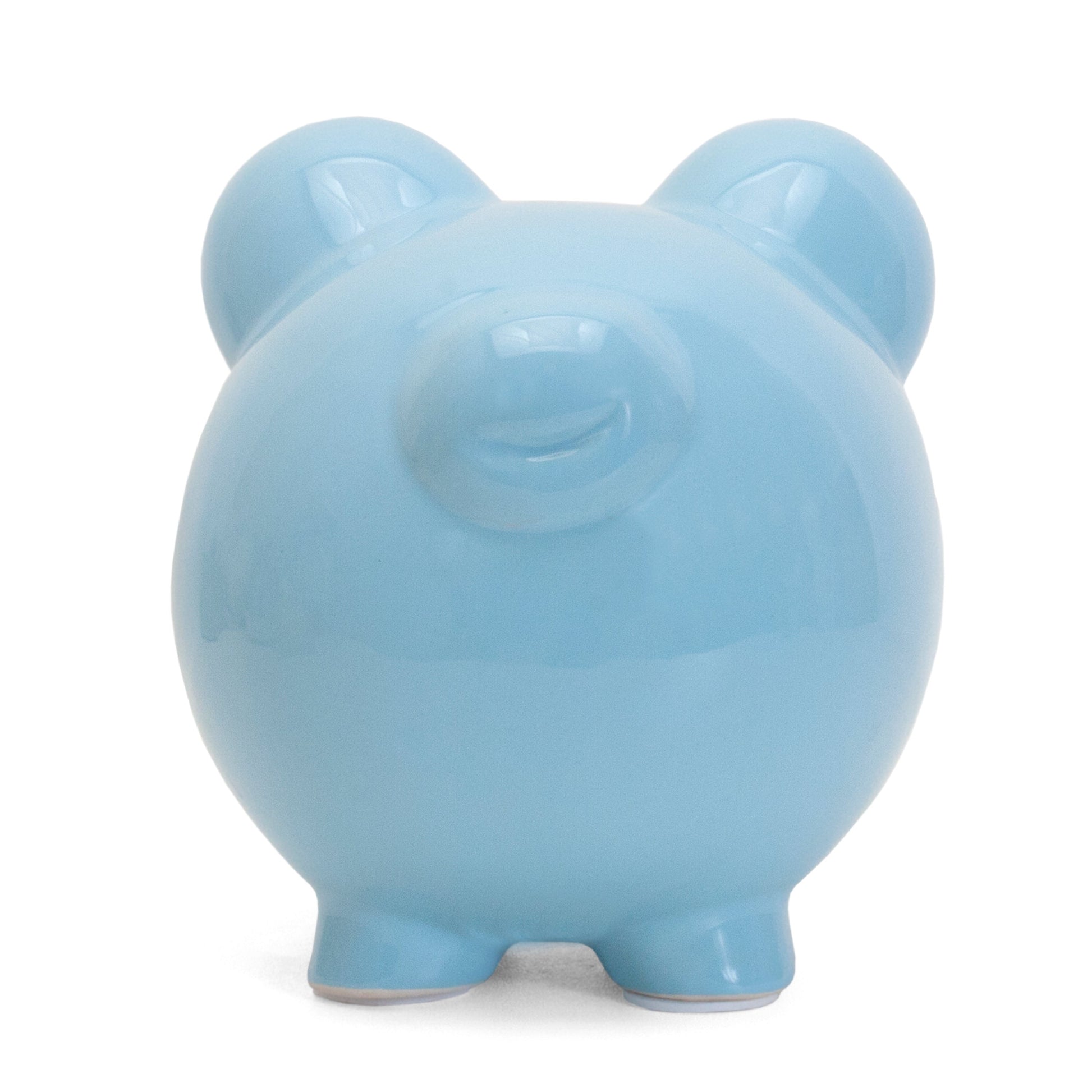 Back view of large blue ceramic piggy bank showing smooth glossy surface and ears