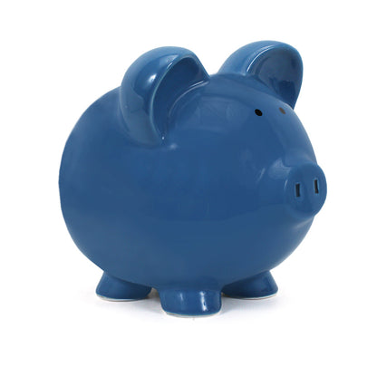 Large dark blue ceramic piggy bank side view