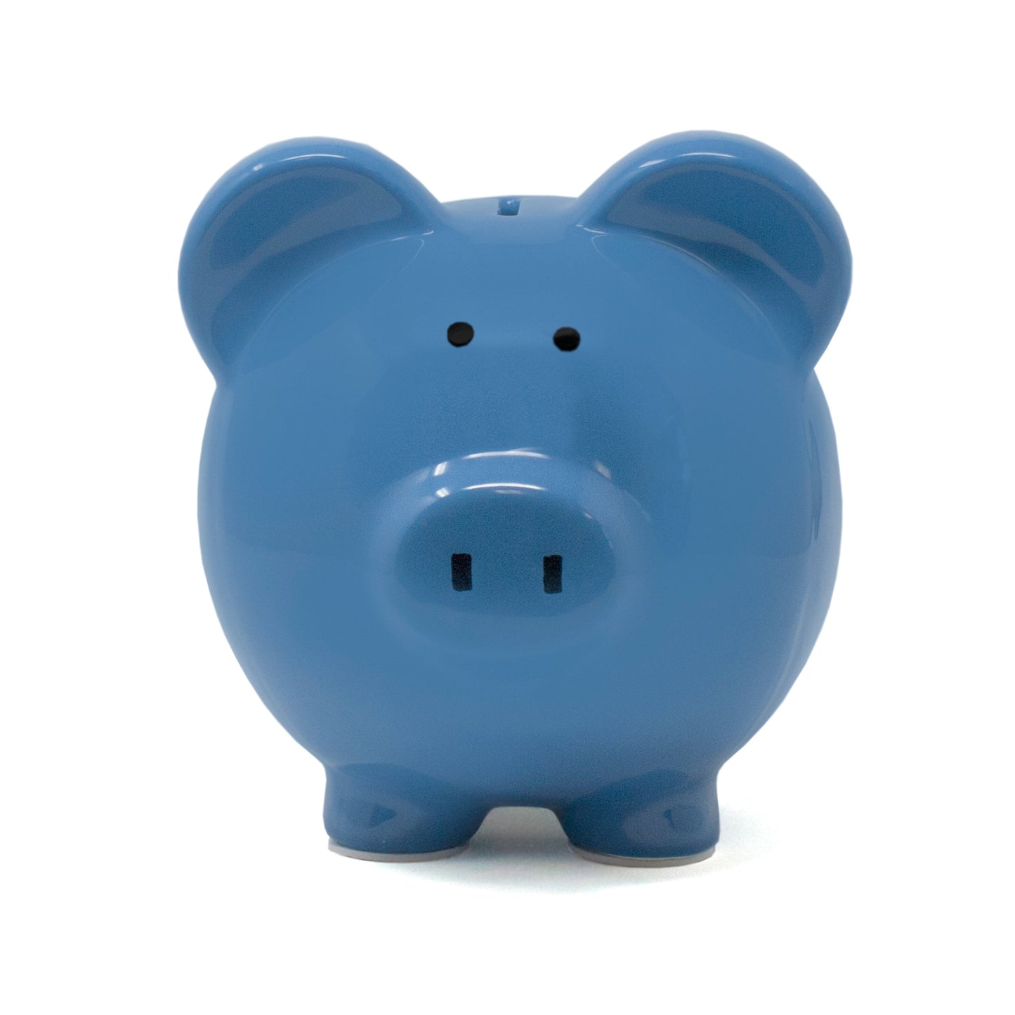 Large dark blue ceramic piggy bank front view with eyes and snout