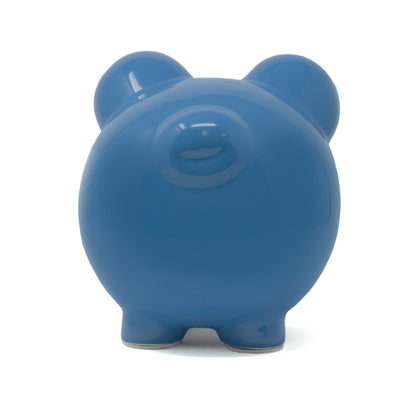Large dark blue ceramic piggy bank back legs and base