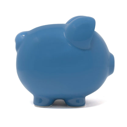 Large dark blue ceramic piggy bank side profile showing round shape
