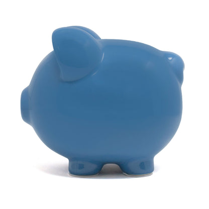 Large dark blue ceramic piggy bank back side with coin slot on top