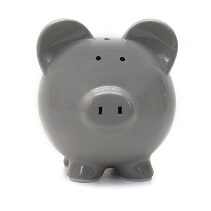 Gray piggy bank front close-up displaying smooth glossy finish
