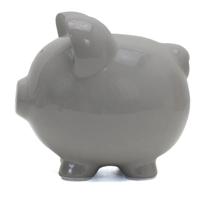 Angled back side view of large gray ceramic piggy bank on white background