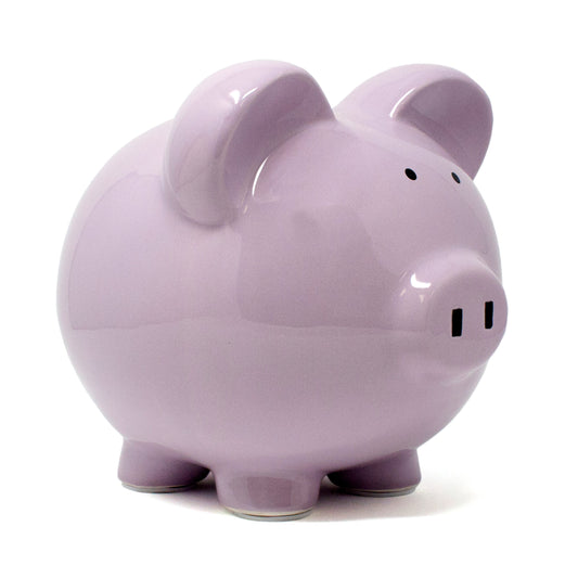 Large lavender ceramic piggy bank in side profile view showing glossy surface