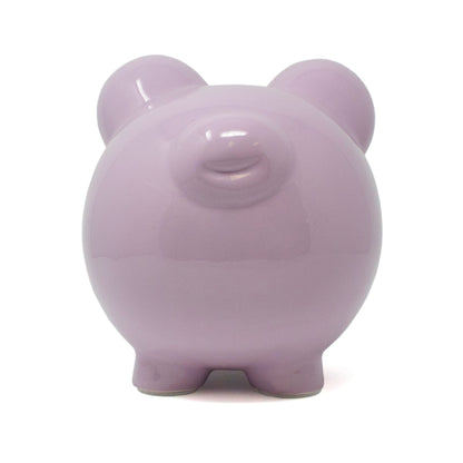 Lavender piggy bank rear view highlighting smooth rounded shape and feet