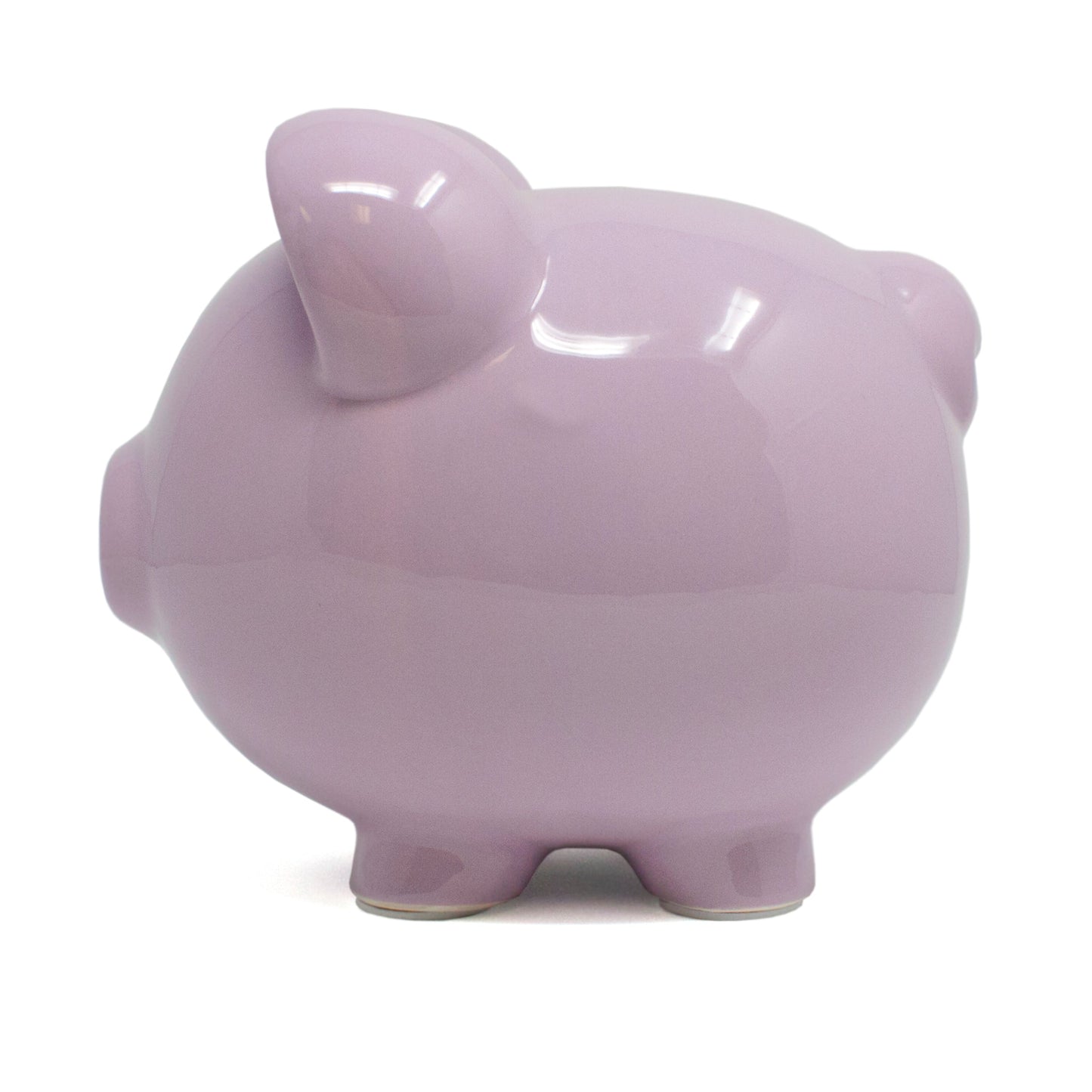 Back side view of lavender piggy bank highlighting rounded ears and feet