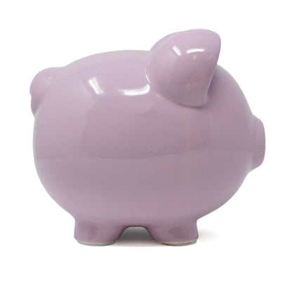 Side view of large lavender piggy bank showing smooth glossy surface