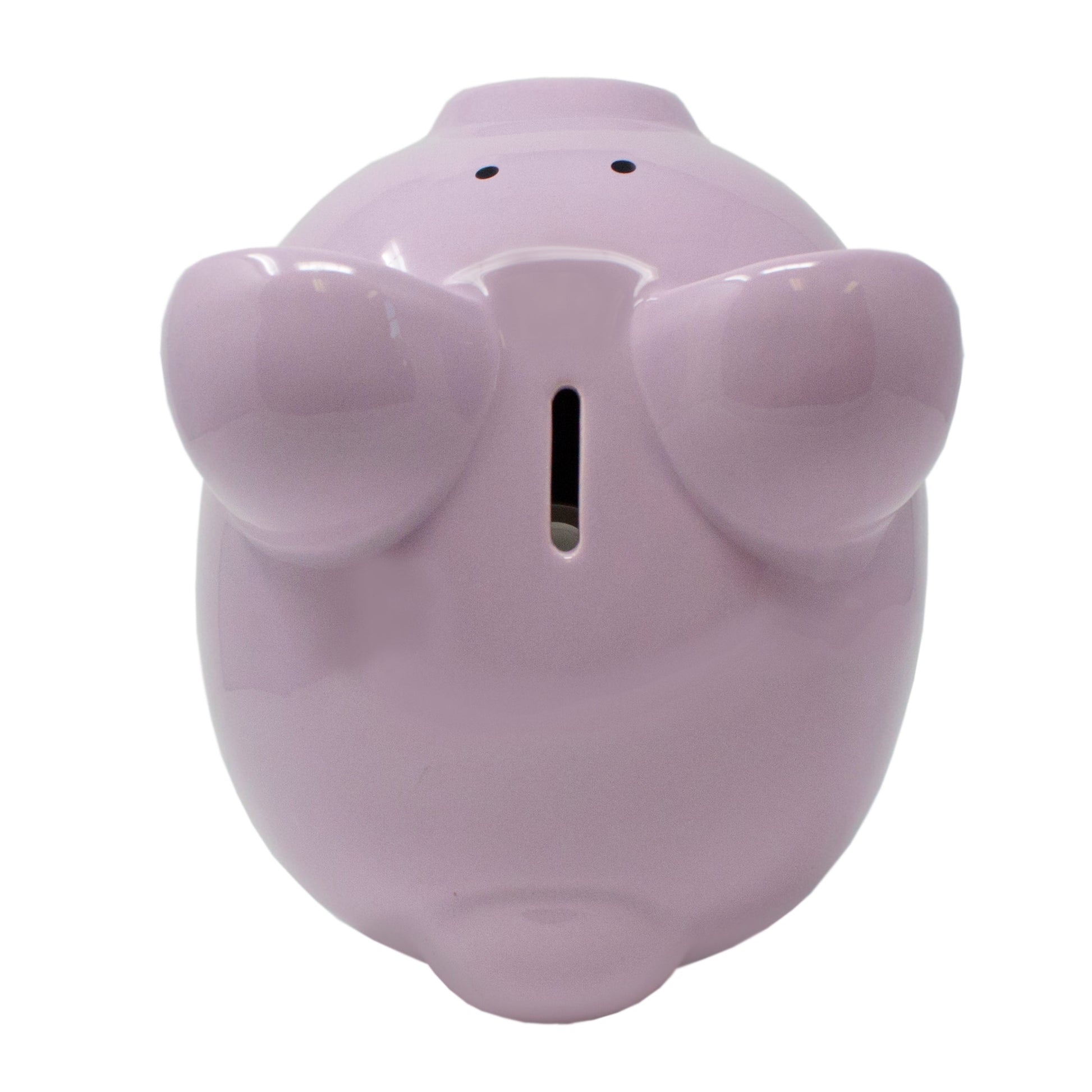 Top view of lavender piggy bank showing coin slot on the back